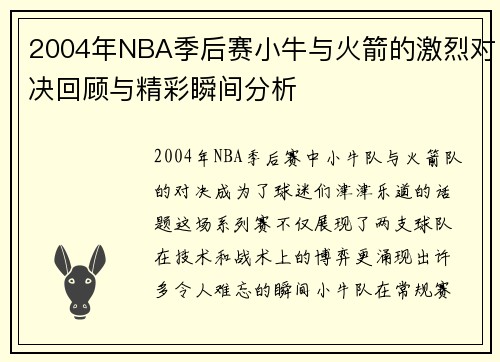 2004年NBA季后赛小牛与火箭的激烈对决回顾与精彩瞬间分析